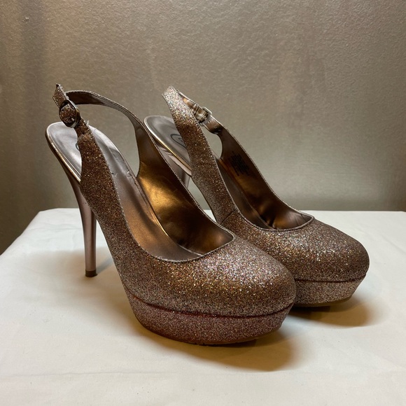 Gold Glitter Slingback Platform Heels - Picture 6 of 15